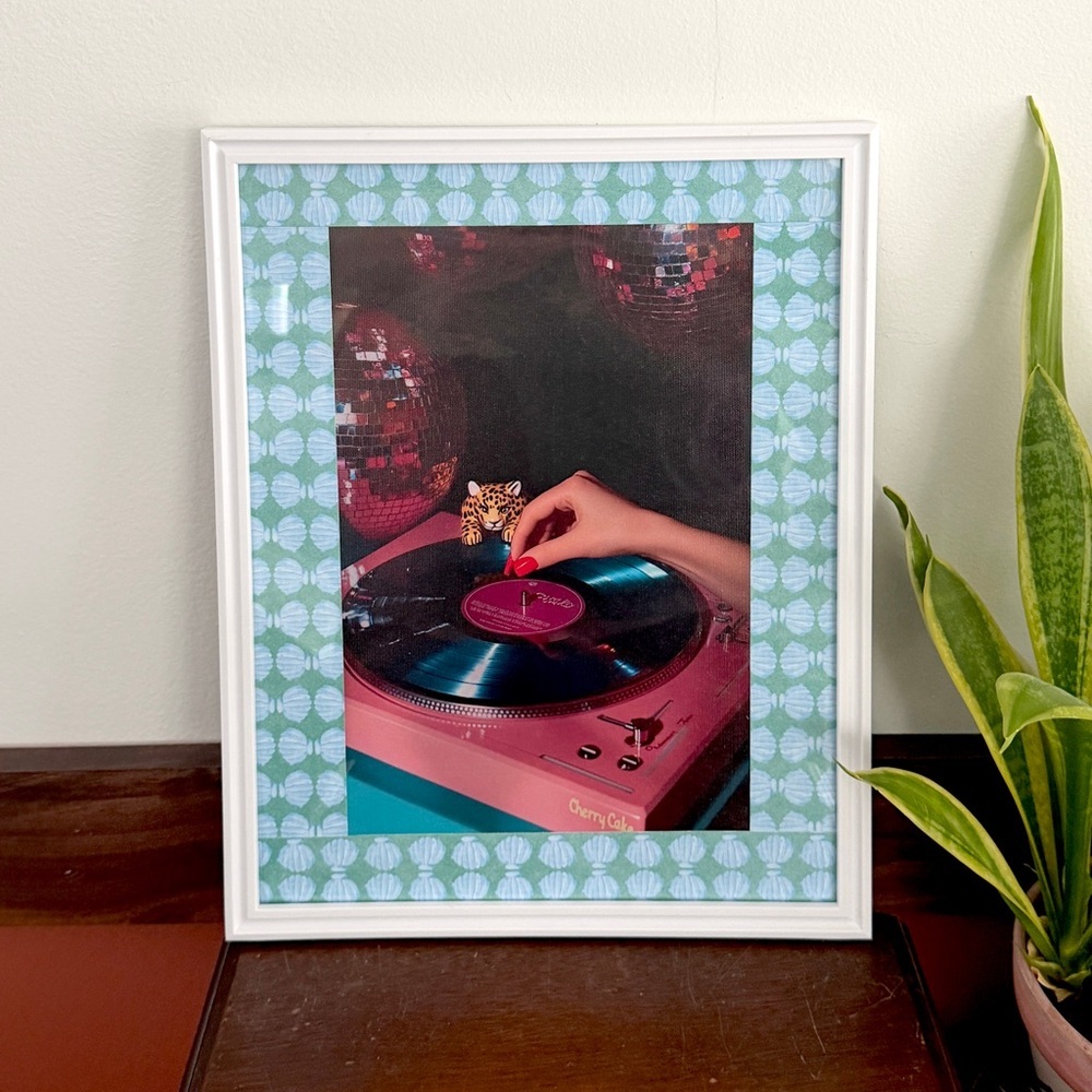 Cherry Cake Vinyl Record Cheetah Disco Canvas Art Print White Framed Wall Art